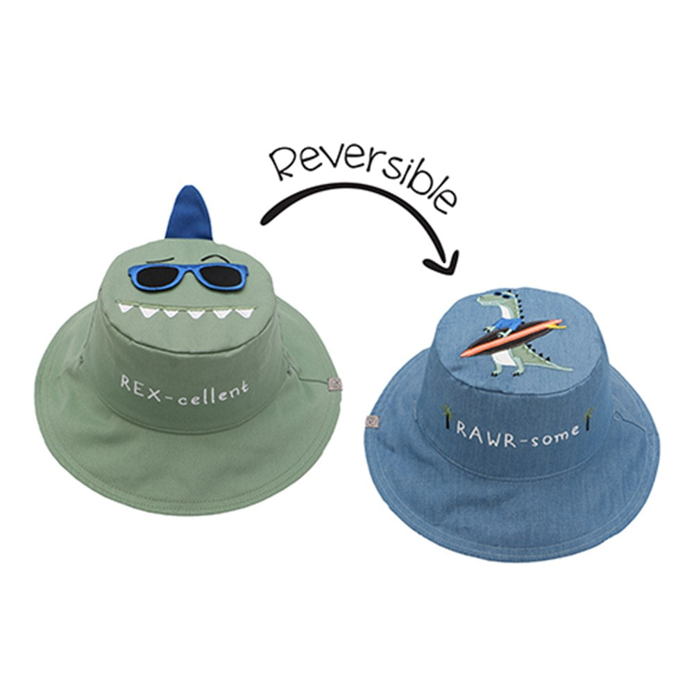 FlapjackKids Toddler/Kids UPF50 Reversible 3D Cotton Bucket Hat - Dino Surfer